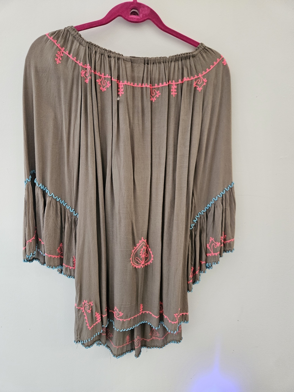 Boho Embroidered Taupe Peasant Top with Pink & Blue Trim and Beading - Picture 2 of 7